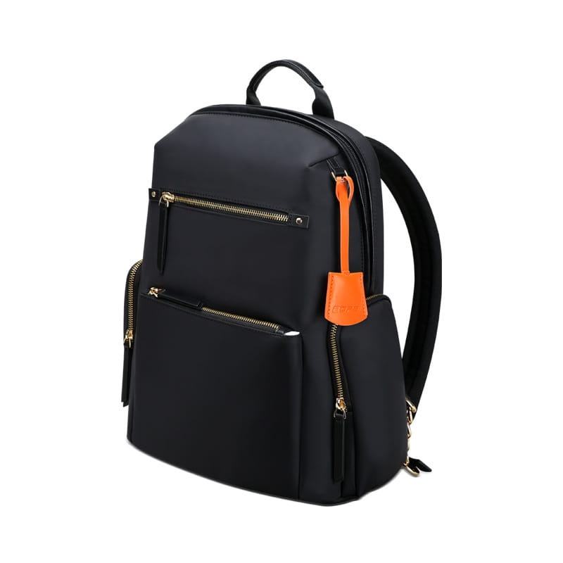 Black nylon women’s business backpack with gold-tone zippers and an orange leather tag.