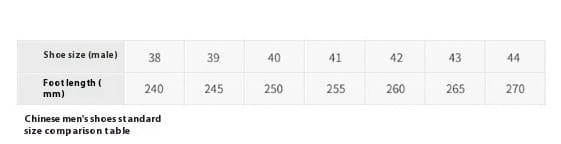 Men’s leather perforated breathable sneakers size comparison table showing Chinese men’s shoe sizes 38 to 44 with measurements in millimeters.