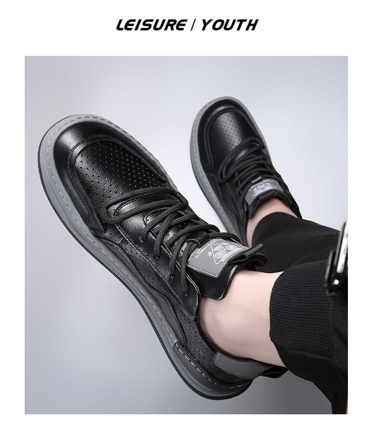 black leather men’s sneakers with perforated breathable detailing and a chunky gray sole
