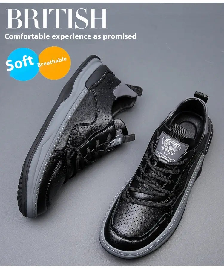 Men’s leather perforated breathable sneakers in black with gray rubber sole featuring a sleek British design.