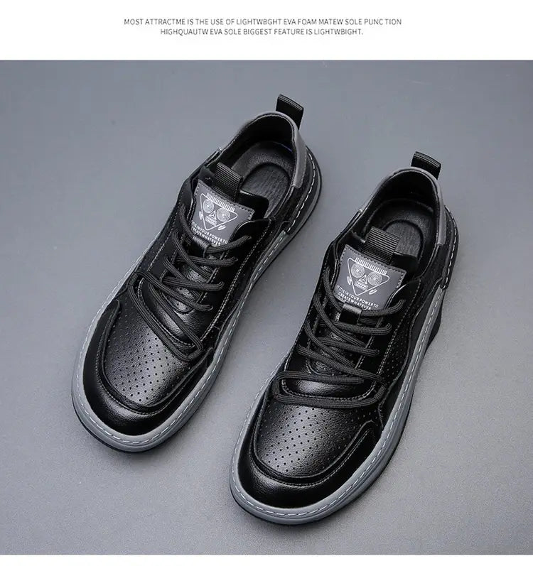 Men’s black leather perforated breathable sneakers with gray EVA foam sole and perforated toe panels.