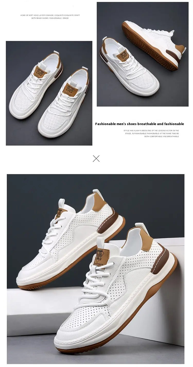 Men’s leather perforated breathable sneakers in white with tan accents and a brown rubber sole.
