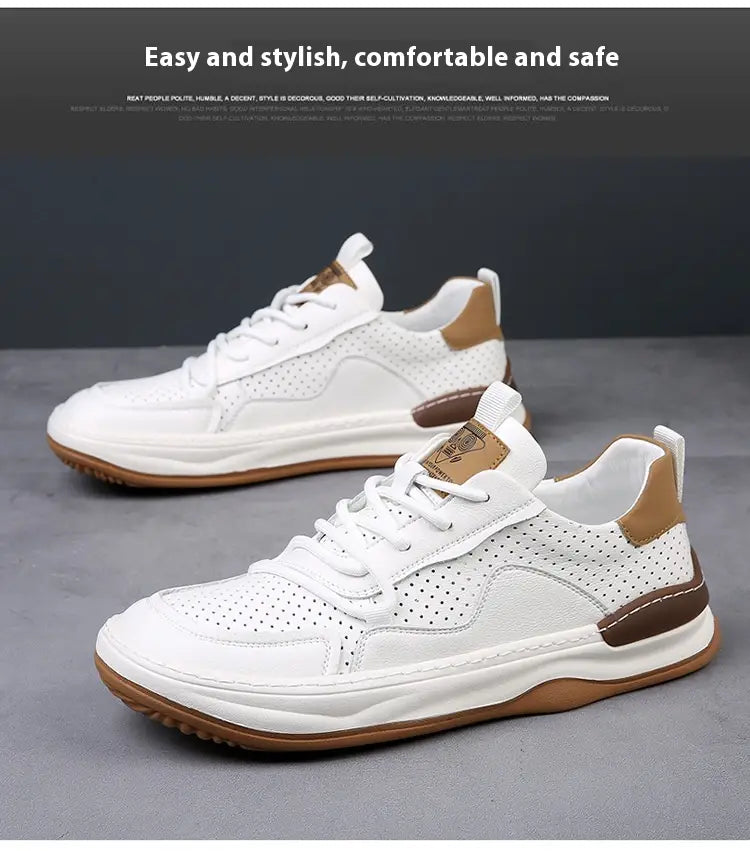 men’s white and tan leather perforated breathable sneakers with a chunky sole shown from the front angle