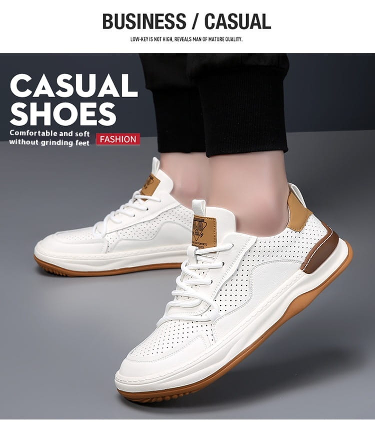 Men’s leather perforated breathable sneakers in white with tan accents and a low-profile rubber sole for casual wear.