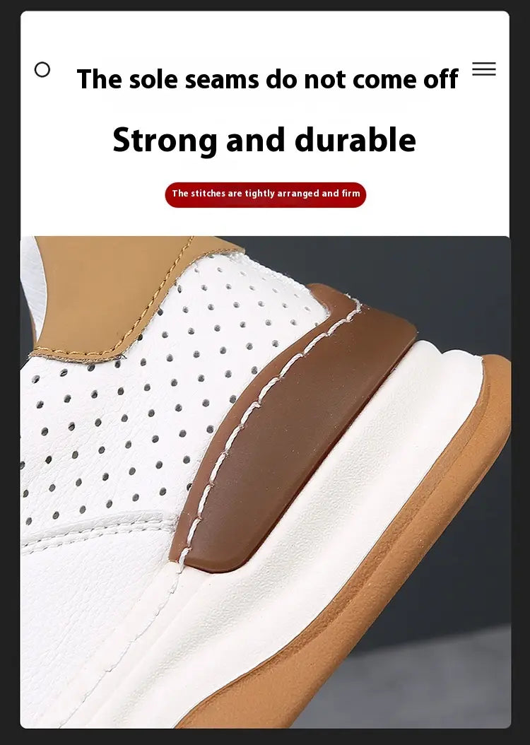 Men’s leather perforated breathable sneakers in white and tan with reinforced stitching.