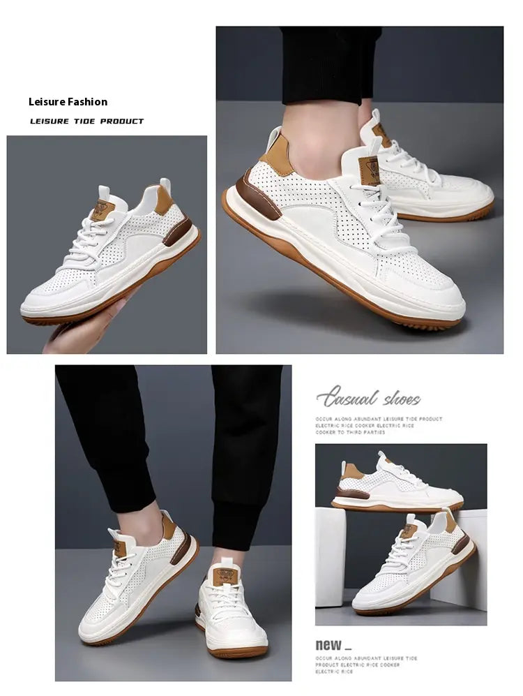 Men’s leather perforated breathable sneakers in white mesh with tan accents and a brown rubber sole featuring a modern athletic design.