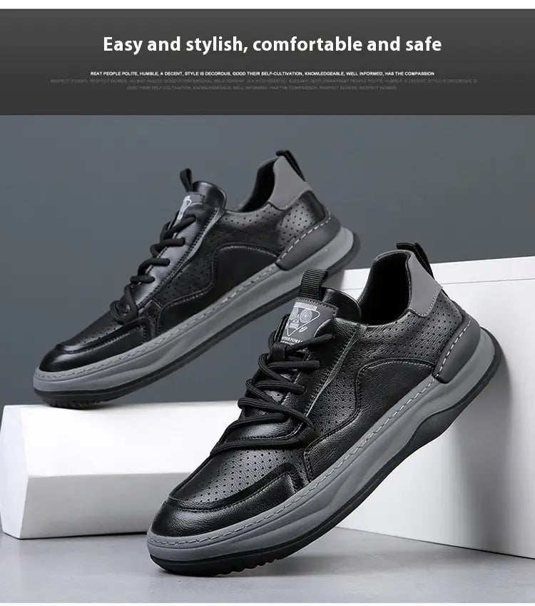 black and gray perforated leather men’s breathable sneakers with a chunky sole facing the back side