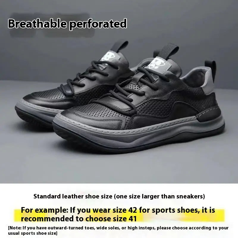 Men’s black leather perforated breathable sneakers with a mesh upper and rubber sole designed for athletic use.