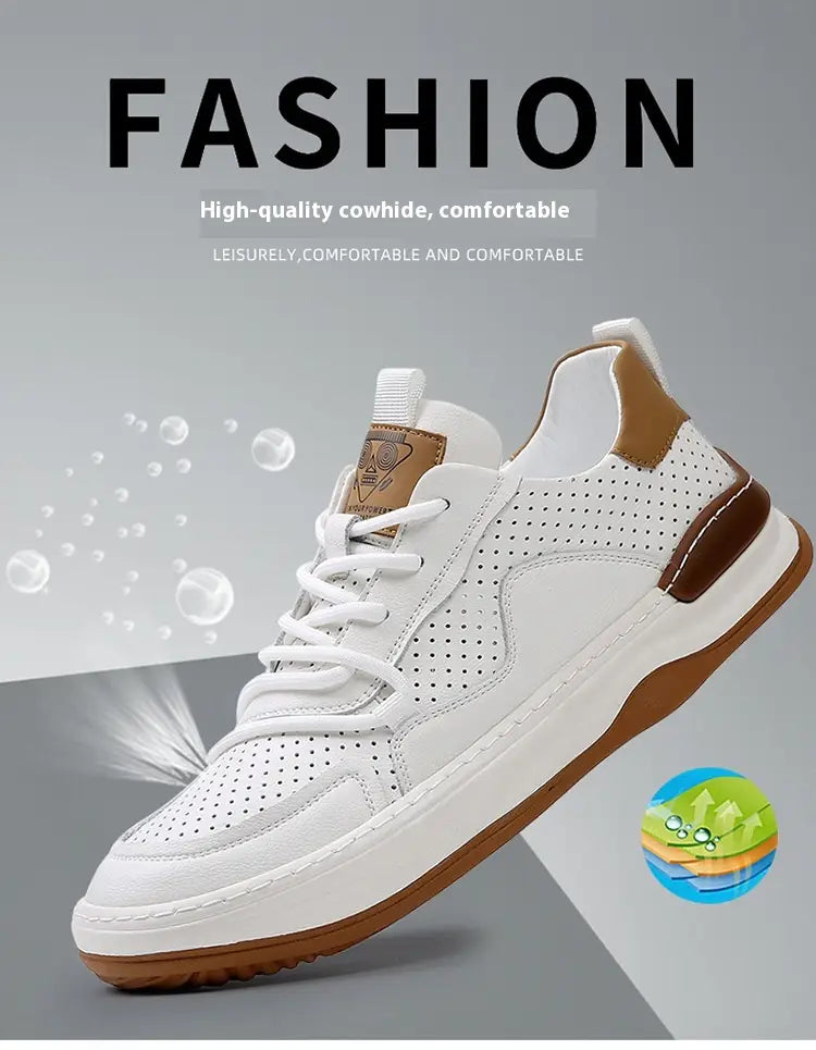 Men’s leather perforated breathable sneakers in white and tan cowhide with a cushioned sole.