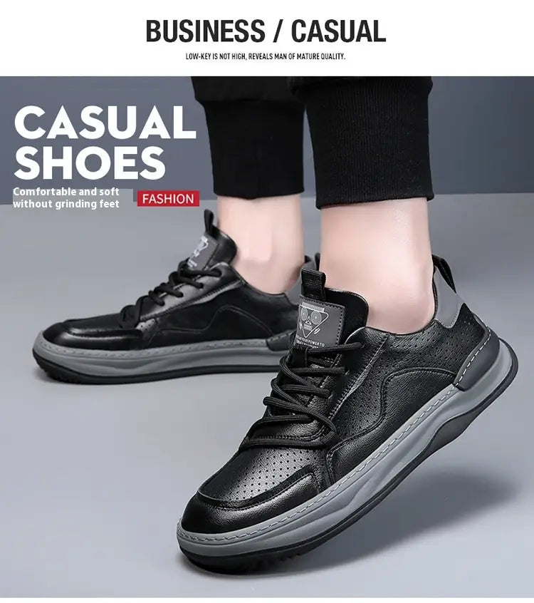Black leather casual sneakers with perforated detailing and a gray rubber sole for men’s breathable footwear.