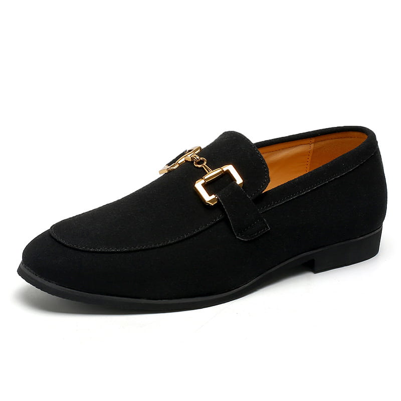 Black suede loafer for men featuring a gold-tone horsebit buckle in a sleek design.