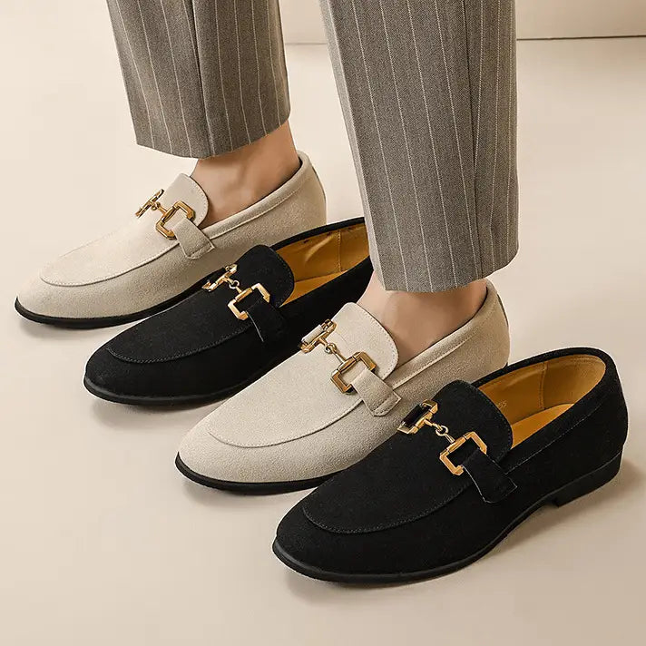 Suede buckle loafers for men in black and khaki featuring beige suede and gold-tone horsebit buckles.