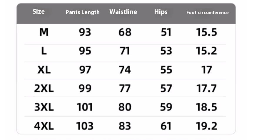 Size chart for men astronaut graphic joggers casual pants showing measurements in inches across sizes m to 4xl.