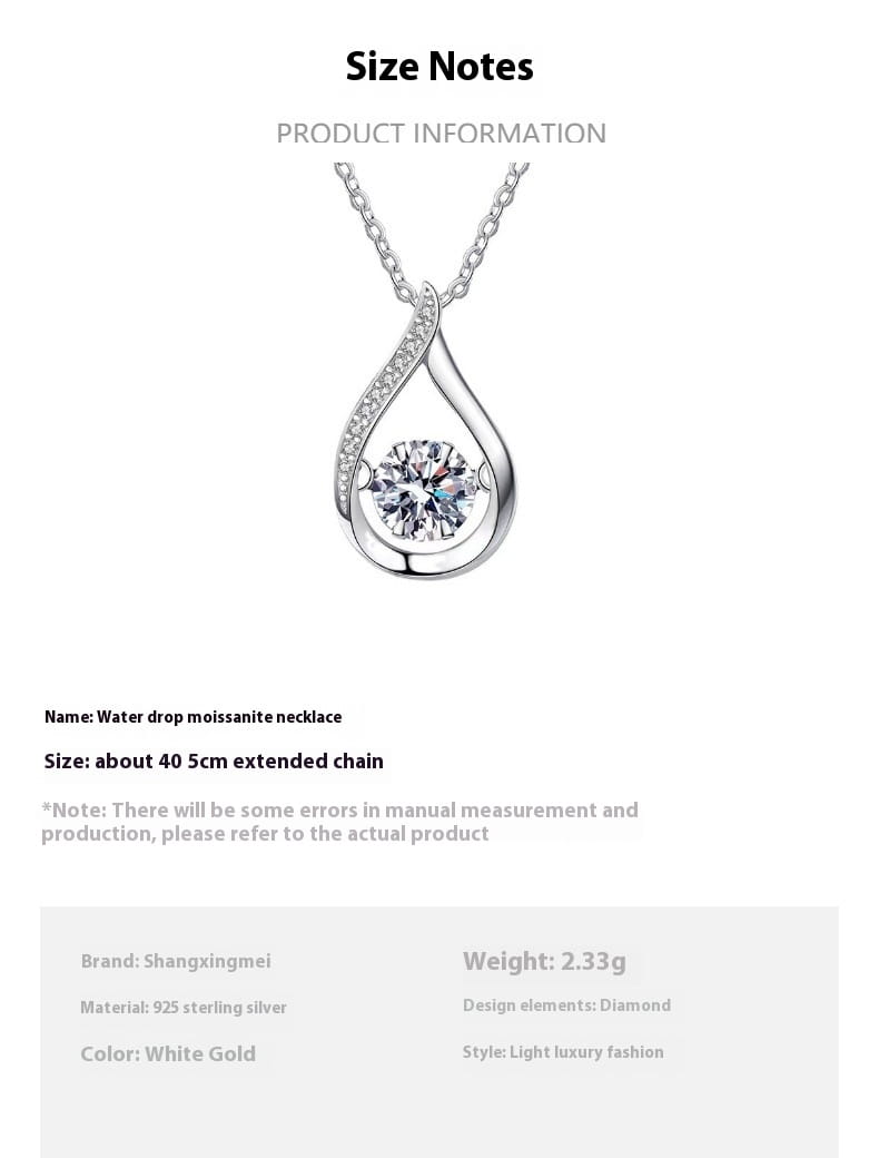 A delicate white gold moissanite teardrop halo pendant necklace featuring a sparkling central stone encased in an elegant diamond-studded 925 sterling silver setting.