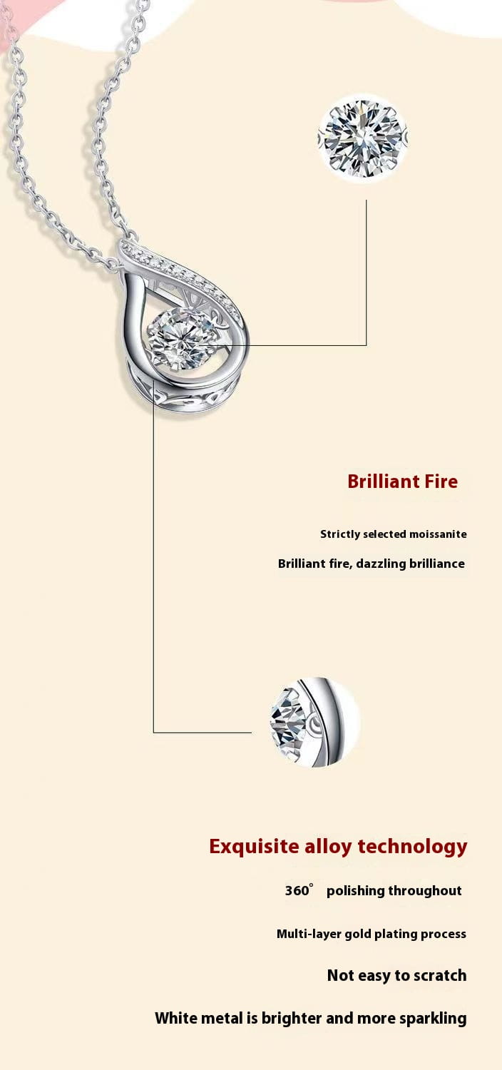 A delicate silver teardrop halo pendant necklace in 925 sterling silver featuring a central moissanite stone surrounded by sparkling diamonds with 360 degree polishing and multi-layer gold plating for enhanced brilliance.