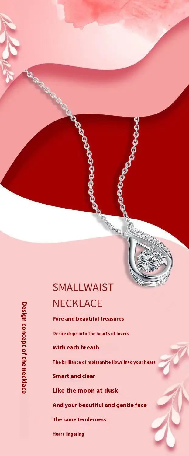 Silver moissanite teardrop halo pendant necklace in 925 sterling silver with a clear faceted gemstone centerpiece and delicate chain.