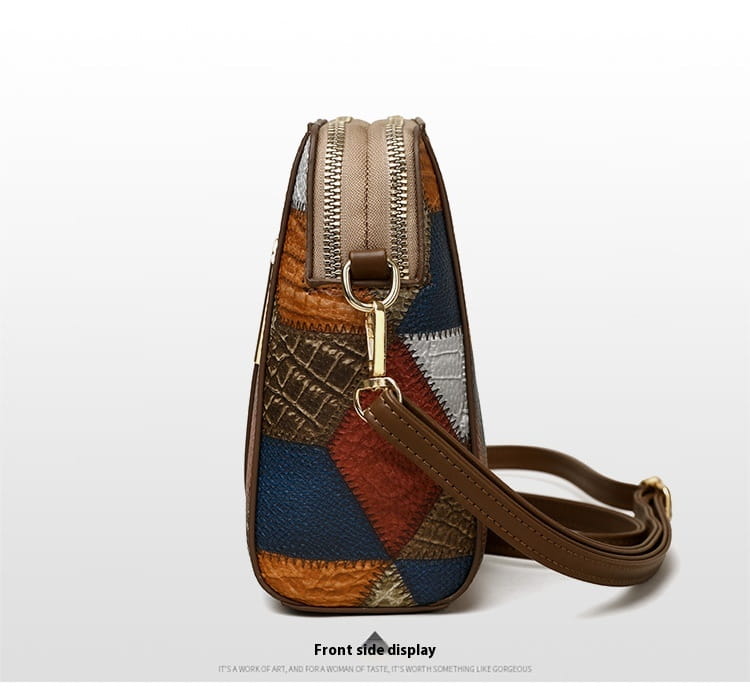 Two tone soft leather contrast stitch shoulder bag with patchwork geometric leather panels in earthy tones and gold hardware.