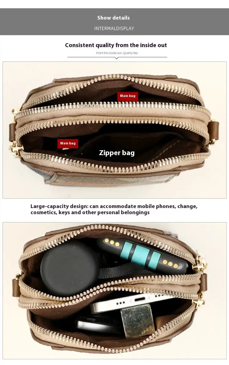 Two tone soft leather contrast stitch shoulder bag with patchwork geometric leather panels in earthy tones and gold hardware.