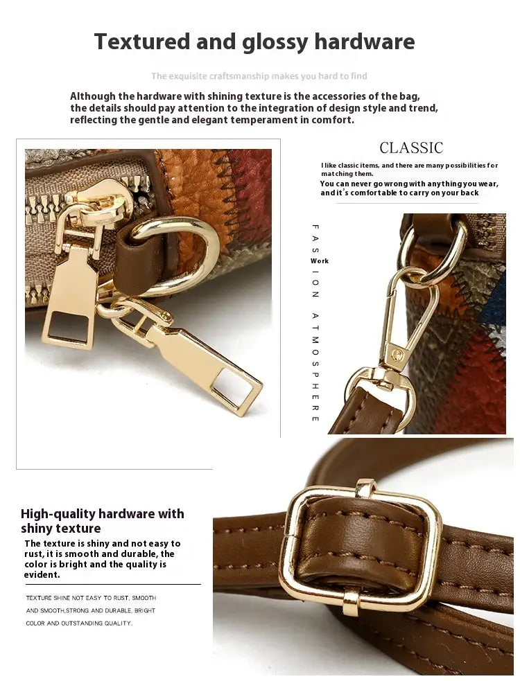 Two tone soft leather contrast stitch shoulder bag with patchwork geometric leather panels in earthy tones and gold hardware.