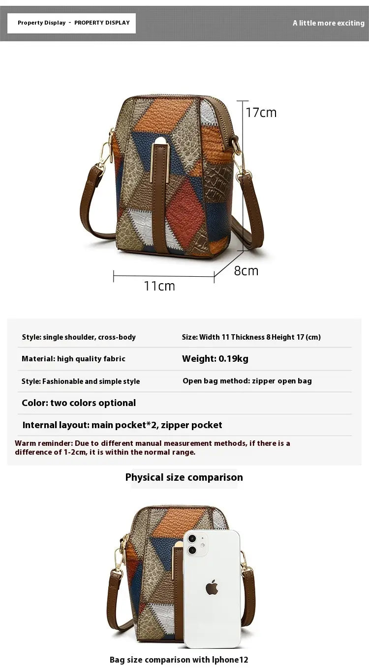 Two tone soft leather contrast stitch shoulder bag with patchwork geometric leather panels in earthy tones and gold hardware.
