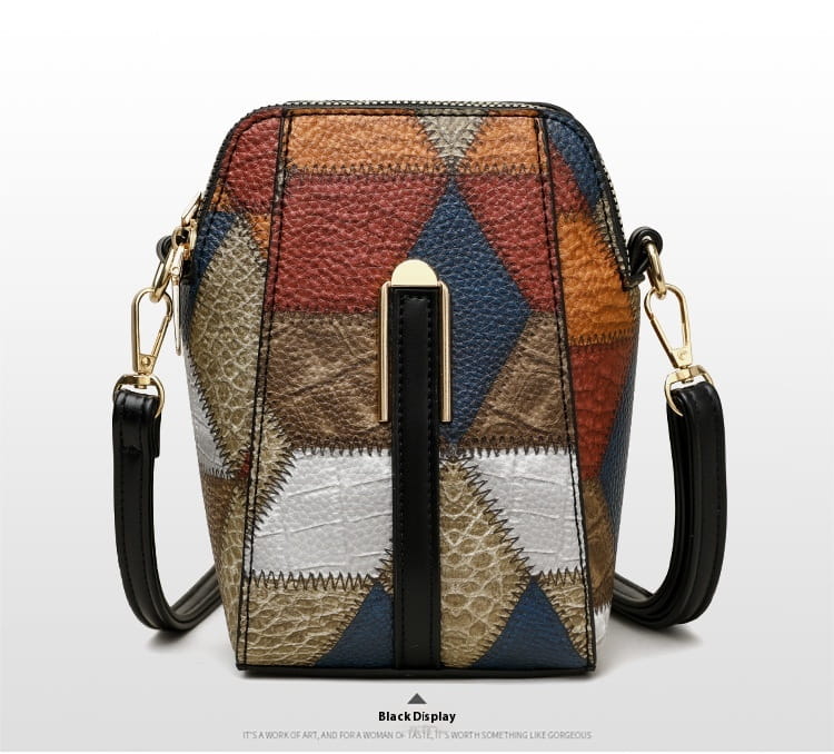 Two tone soft leather contrast stitch shoulder bag with patchwork geometric leather panels in earthy tones and gold hardware.