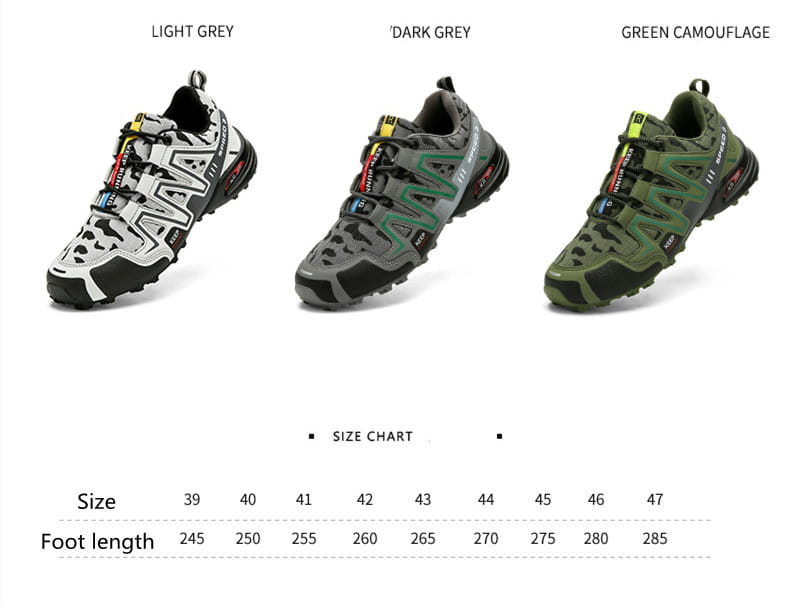 Men’s camouflage waterproof trail running and hiking shoes in light grey dark grey and green featuring a distinctive three-bar design on the side.