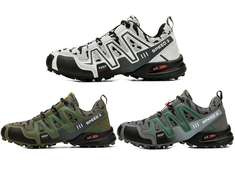Three pairs of men’s Salomon Speed 3 waterproof trail running and hiking shoes in camouflage and color-blocked designs with black soles.