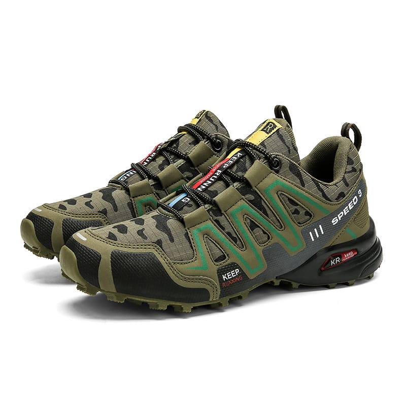 Men’s camouflage waterproof trail running and hiking shoes in olive green and black with teal accent stripes featuring a breathable mesh upper and rugged outsole.