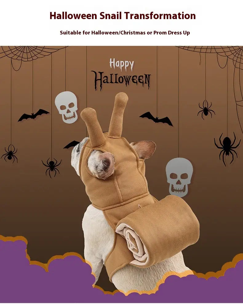 Tan plush snail dog costume with soft fabric and rolled-up shell designed for Halloween pet apparel visible from the back side.