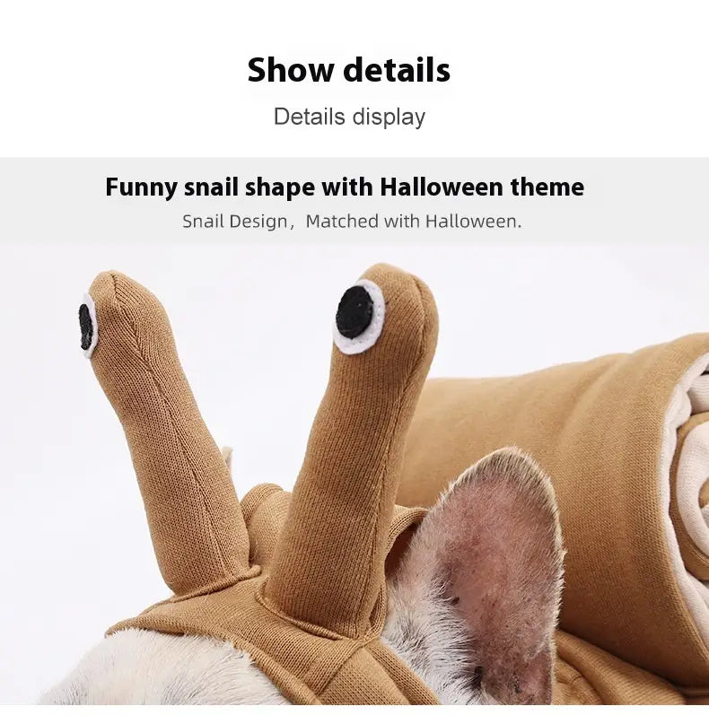Cute tan knitted snail dog costume with black and white button eyes for Halloween pet apparel.