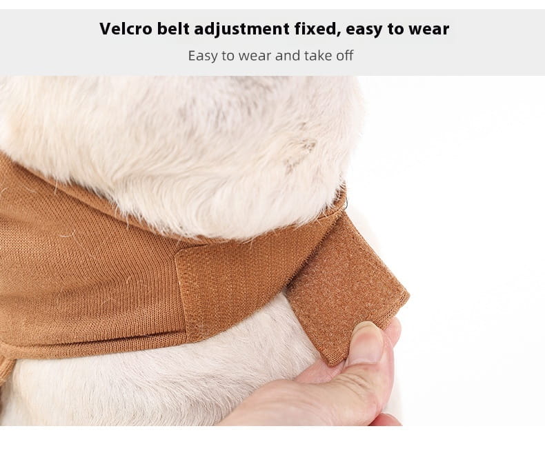 brown knitted velcro belt for a dog designed to be easy to wear and adjust for snail dog costume halloween pet apparel