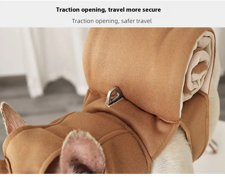 Tan plush fabric dog vest with a secure traction opening for safe travel shown from the back side in the snail dog costume Halloween pet apparel product.