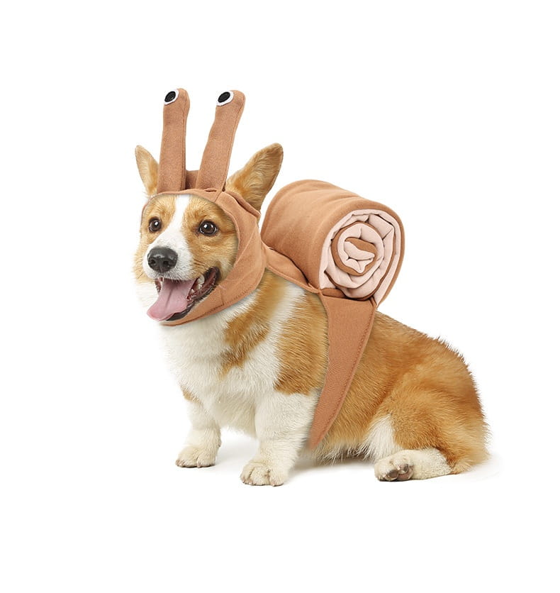 Tan fabric snail dog costume with two antennae and a rolled-up shell for Halloween pet apparel.