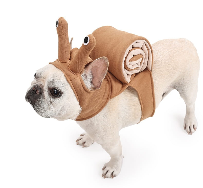 Tan snail-themed dog costume with plush texture and embroidered eyes for Halloween pet apparel.