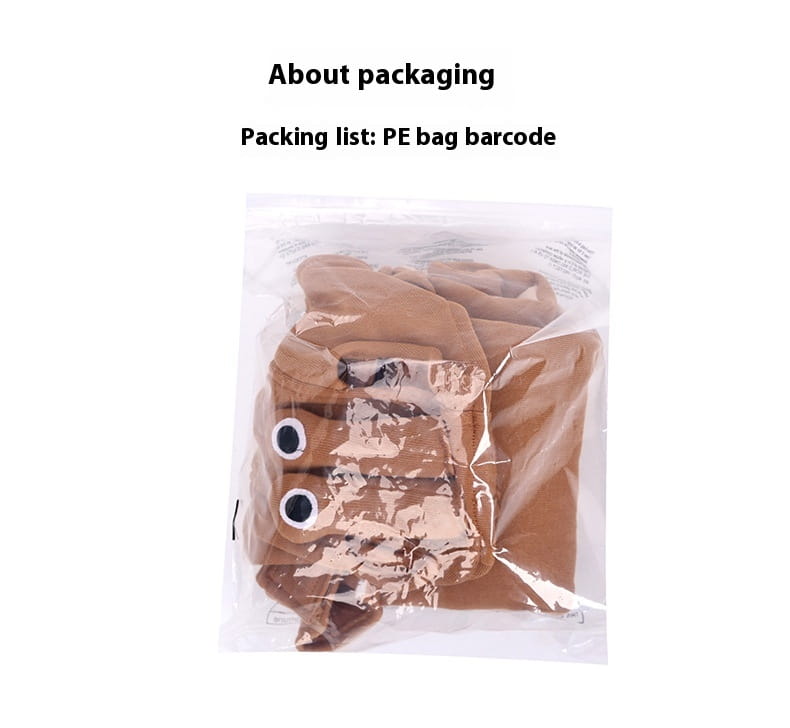 brown plush poop-shaped toy with black and white googly eyes inside a clear plastic bag featured in a snail dog costume halloween pet apparel product