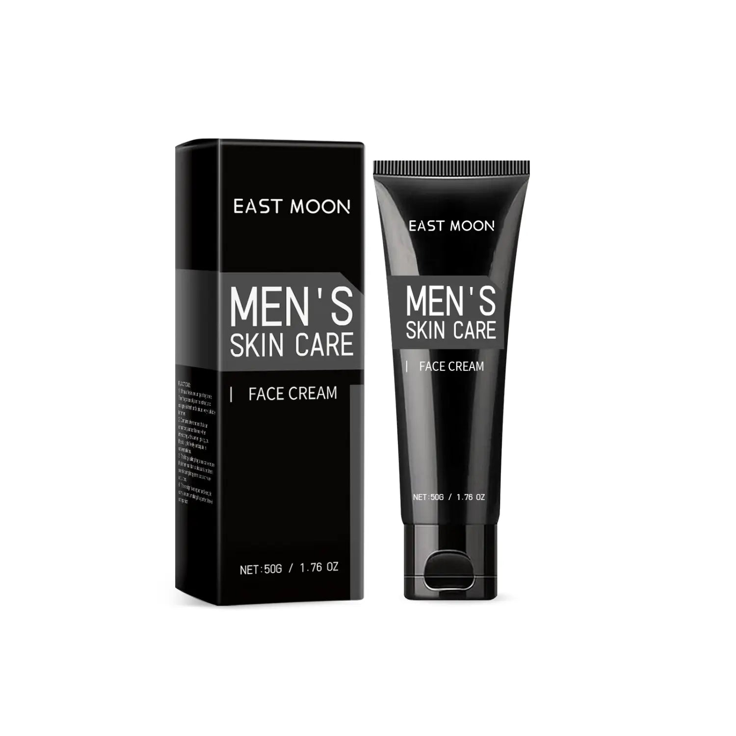 Black East Moon Herren-Gesichtscreme mit Hyaluronsäure in einer eleganten schwarzen Tube und passender Verpackungsschachtel, entwickelt für Feuchtigkeitspflege und -versorgung der Gesichtshaut, 50 ml.