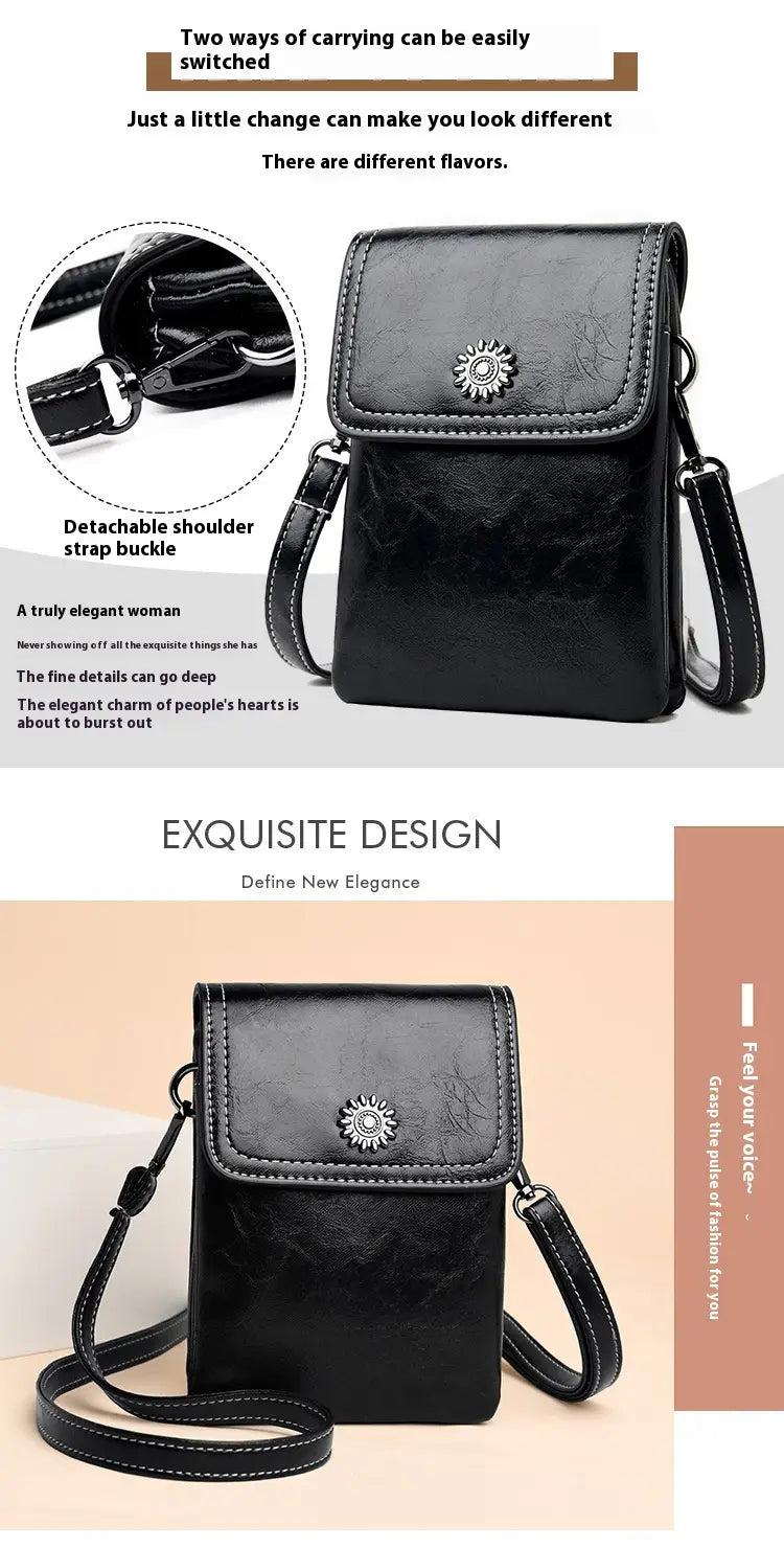 Schwarze Umhängetasche für das Telefon aus Lederimitat mit silbernem Sonnenstrahl-Verschluss und kontrastierender Ziernaht aus der Kollektion mit floralen und Sonnenstrahl-Designs aus Kunstleder.