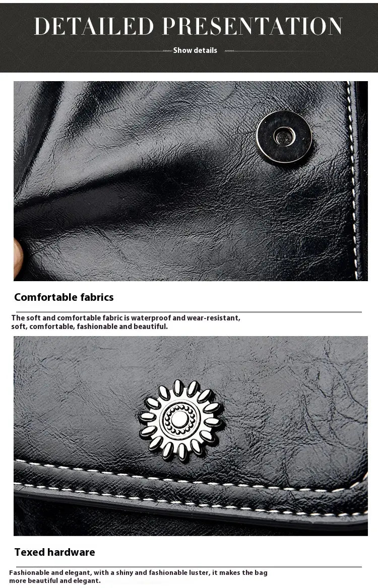 Schwarze Umhängetasche für das Telefon aus Kunstleder mit floralen und Sonnenstrahl-Details, mit glänzendem silbernem Sonnenstrahl-förmigem Knopf und weißer Ziernaht.