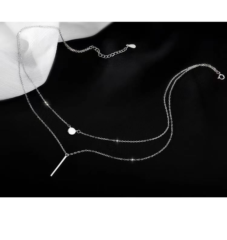 Double layer silver pave zircon round and bar pendant necklace with delicate chain links featuring a small circular pendant and a slender bar charm.