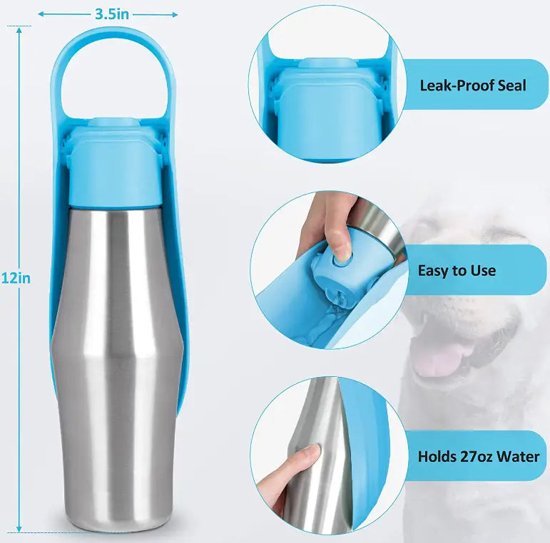 Blue and stainless steel pet water bottle with silicone bowl and leak-proof seal designed for easy use while on the go
