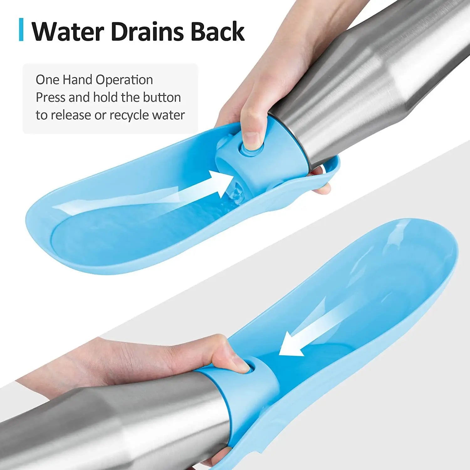 Stainless steel pet water bottle with blue plastic one-hand operation button and silicone bowl for water release or recycling.