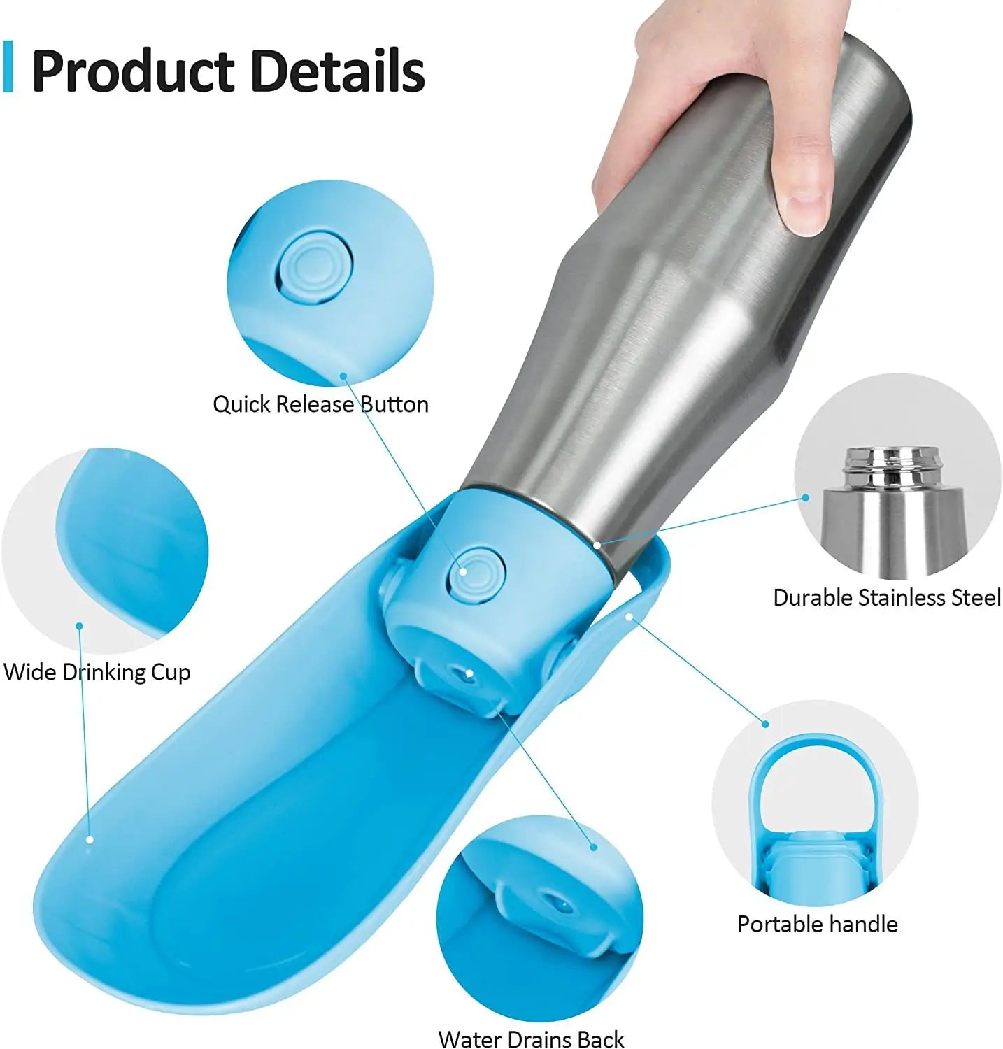 Stainless steel pet water bottle with a blue silicone portable bowl and handle for easy hydration on the go.