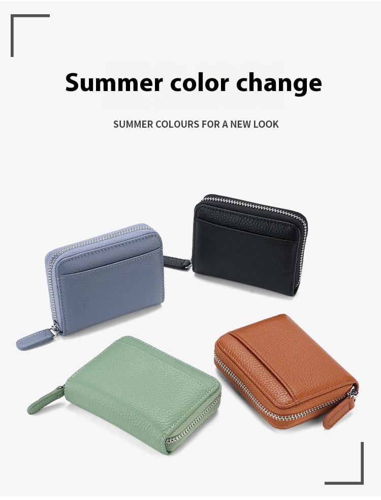 Rfid leather card wallet with zipper coin pocket in sage green featuring a compact design, textured soft leather surface, and matching zipper pull.
