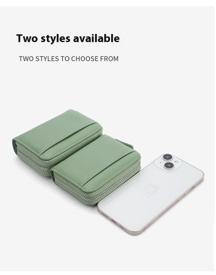 Light green rfid leather card wallet with dual zippers textured surface and minimalist design for secure card and coin storage.