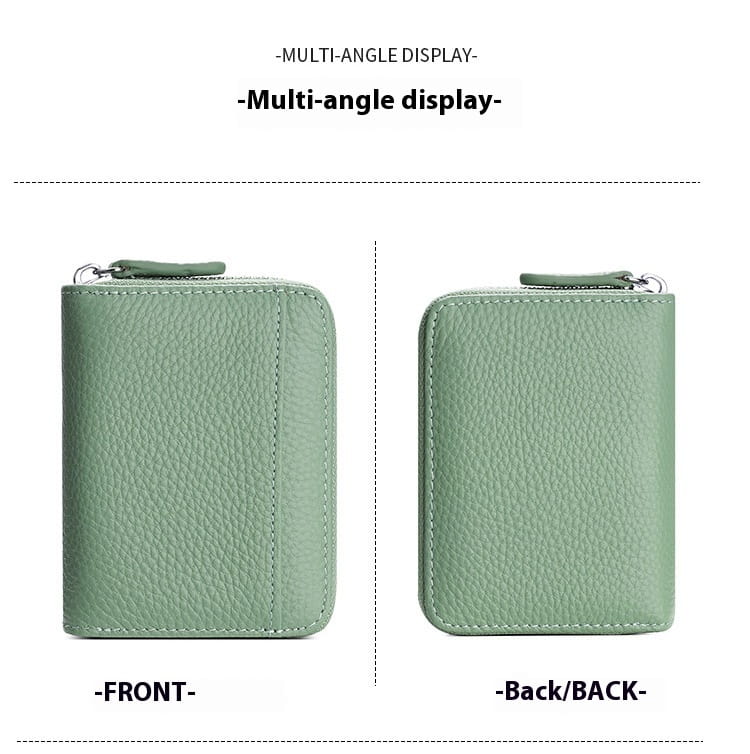 A sleek sage green rfid leather card wallet with zipper coin pocket featuring textured leather and matching stitching in a minimalist design.