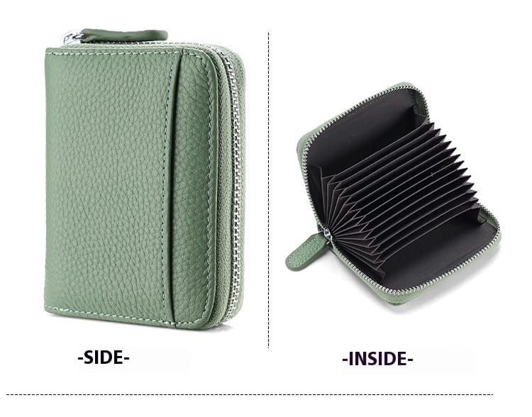 A compact sage green leather RFID card wallet with textured surface and silver zipper closure for coin pocket.