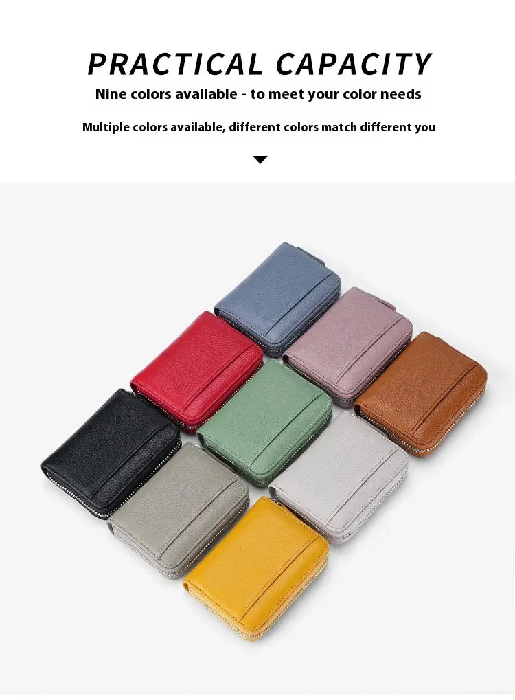 nine compact rfid leather card wallets with zipper coin pockets in solid colors including sage green black red blue pink brown green gray white and yellow.
