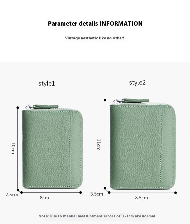 Mint green textured leather rfid card wallet with zipper coin pocket and stitched edges for secure storage.