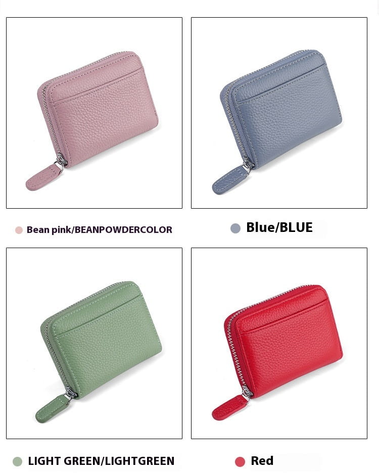 Compact zippered rfid leather card wallet with coin pocket in textured leather available in bean pink blue light green and red.