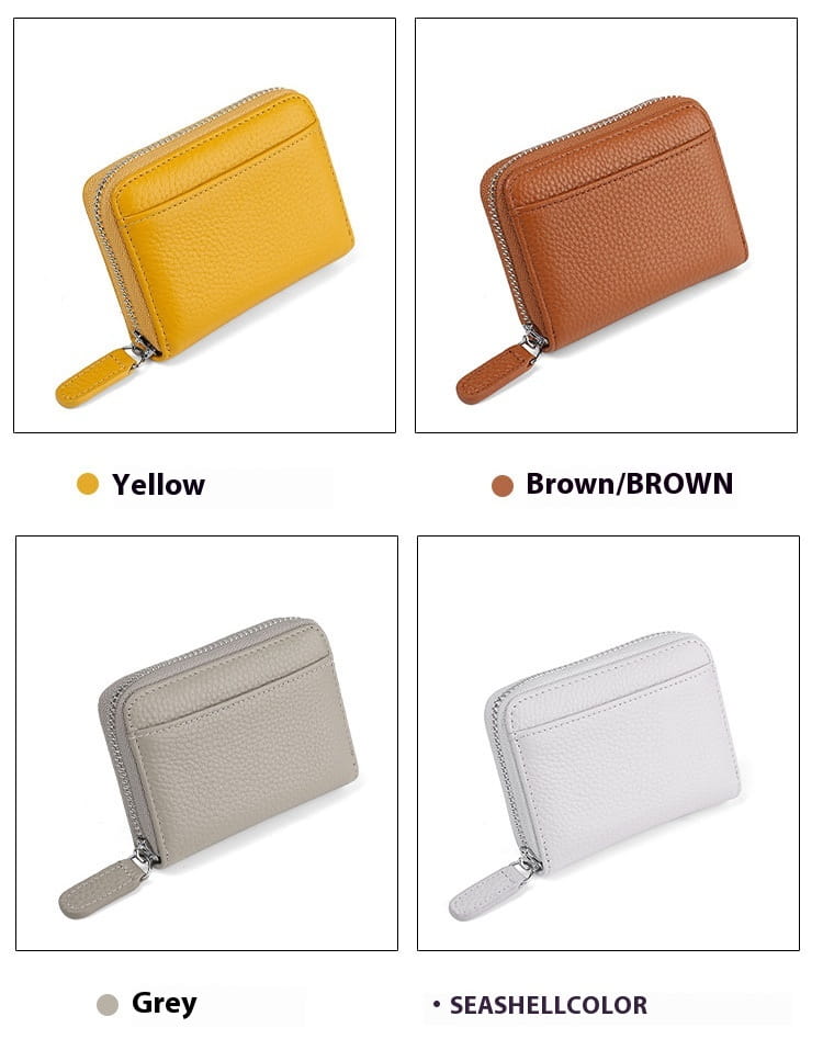 Compact zippered rfid leather card wallet in yellow with textured leather finish and matching zipper pull designed for secure card and coin storage.